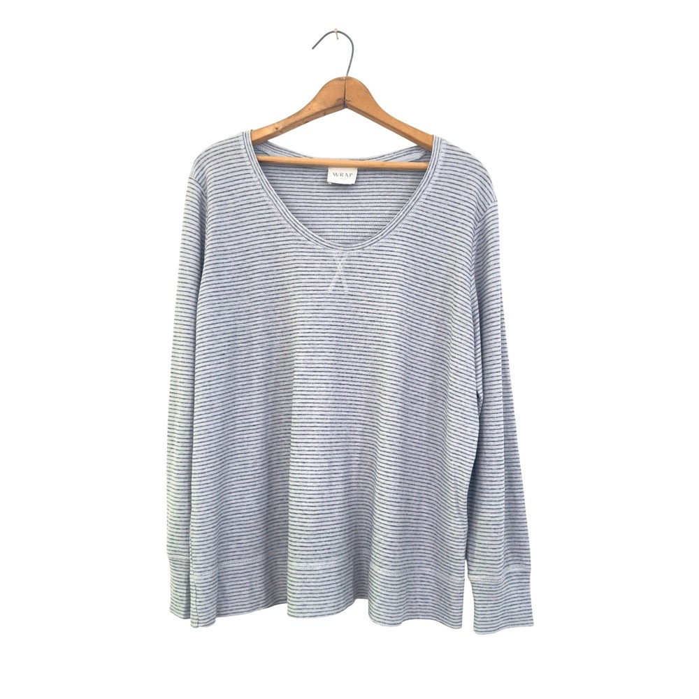 Wrap London Striped Long Sleeve V-Neck Top Blue Hemp Cotton US 14